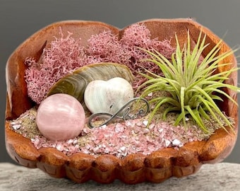Hand-Carved Wooden Hands Air Plant Display, Rose Quartz, Seashell Desk Decor