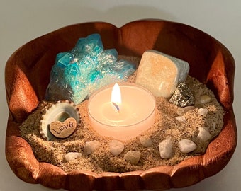 Blue Crystal Quartz Tea Light Candle Holder with Aragonite Tumble Stone, Pyrite Crystal and Seashell, Nautical Home Decor
