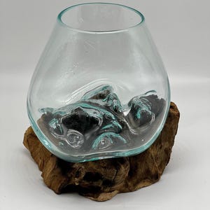 Hand-Blown Glass Melted Over Gamal Wood - 5x5&quot; Two-Piece Handcrafted Set - Glass + Wood Base