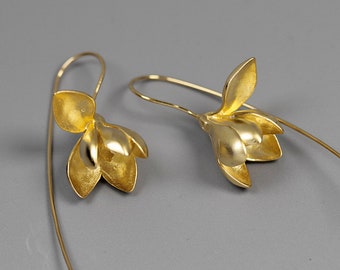 Gold or Silver Magnolia Earrings | Flower Drop Earrings Gift for Her | Wedding Jewellery | Unique and Handcrafted