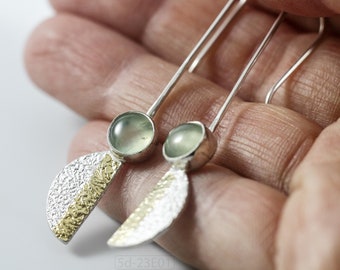 Reticulated Silver Earrings with 24k Keum-Boo Gold Foil and Prehnite Cabochons, Organic and Contemporary