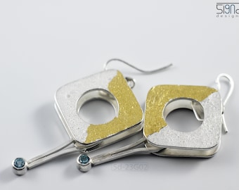 Reticulated Sterling Silver Dangle Earrings: Keum Boo Gold & Blue Topaz, Contemporary jewelry