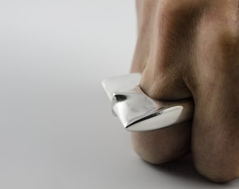 Contemporary Geometric Ring in Silver, Modern Design, Unisex and Bold, Size 6 3/4