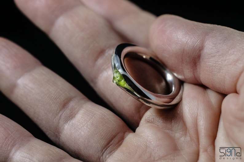 Bold Irregular Unisex Ring in Sterling Silver with Green Natural Peridot Nugget, Thick Forged Chunky Jewelry, Hammered Unique Ring. In Hand.