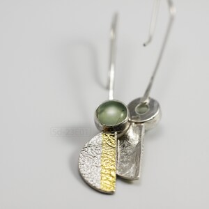 Reticulated Silver Earrings with 24k Keum-Boo Gold Foil and Prehnite Cabochons, Organic and Contemporary. Reticulated Half Oval Shape with a Stripe of Gold Leaf and Long Ear Wires. White background. Front and back view.