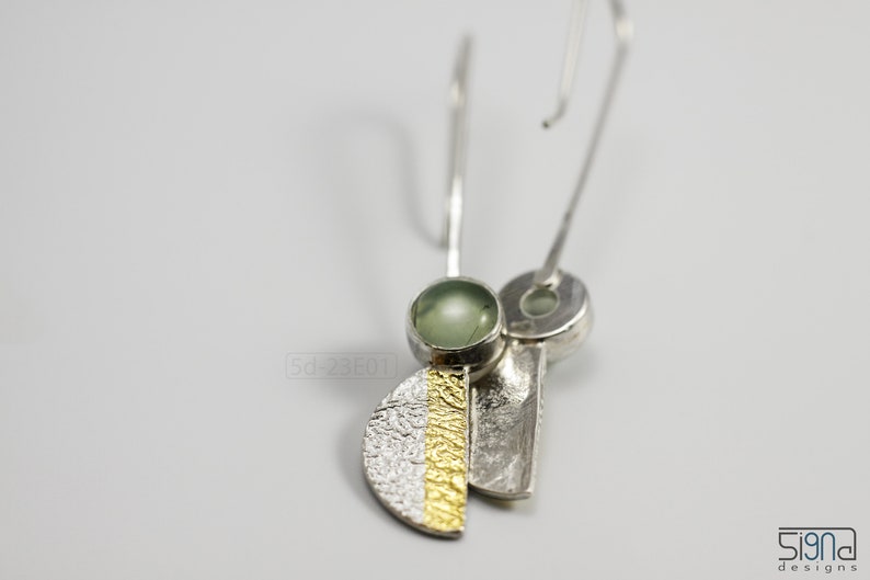 Reticulated Silver Earrings with 24k Keum-Boo Gold Foil and Prehnite Cabochons, Organic and Contemporary. Reticulated Half Oval Shape with a Stripe of Gold Leaf and Long Ear Wires. White background. Front and back view.