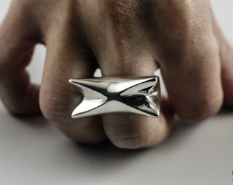 Chunky Sterling Silver Statement Ring: Modern Geometric Unisex Jewelry, Size 6 3/4