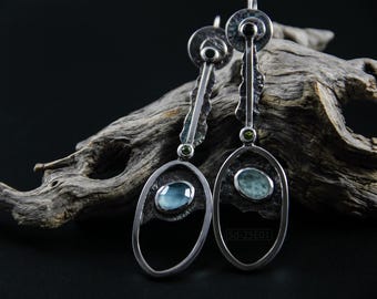 One-of-a-kind Dangle Earrings: Handmade Jewelry in Silver with Blue Chalcedony, Peridot and Black Onyx