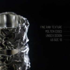 Molten Metal Chunky Ring, Dramatic Jewellery for Men and Women, Unisex Broad Ring with Irregular Edges. On Black Background with Mirror Reflection from Underneath. And Info-graphics.