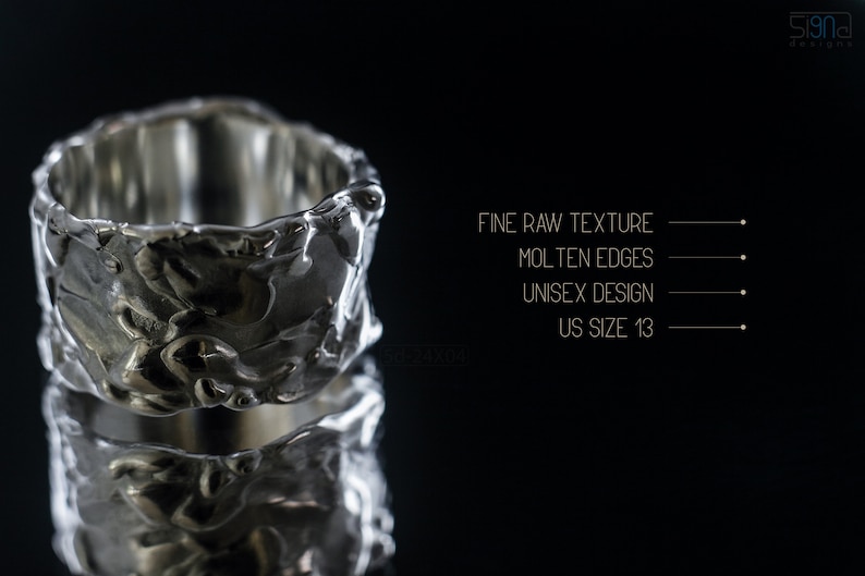 Molten Metal Chunky Ring, Dramatic Jewellery for Men and Women, Unisex Broad Ring with Irregular Edges. On Black Background with Mirror Reflection from Underneath. And Info-graphics.