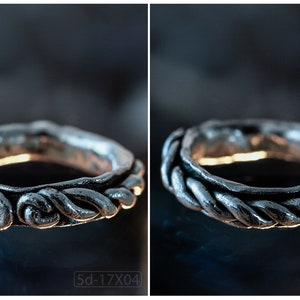 Primitive, raw, organic unisex sterling silver ring with twisted design and patina