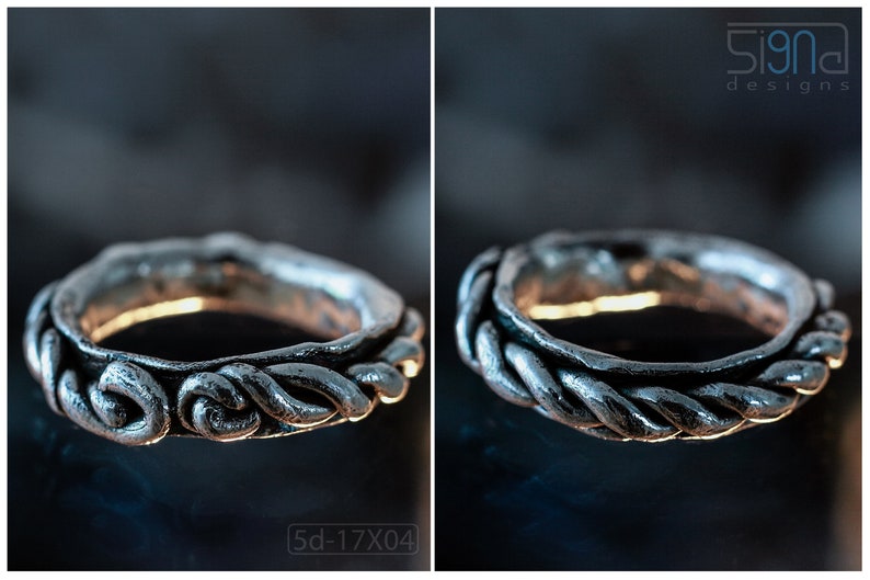 Primitive, raw, organic unisex sterling silver ring with twisted design and patina