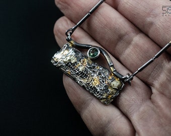 Oxidized Sterling Silver Sapphire Necklace: Handmade Mixed Metal Statement Jewelry