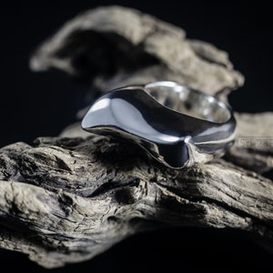 Contemporary Massive Modern Ring in Sterling Silver with Curves and High Shine, Cushion Like Shape. On Dry Cactus Wood.