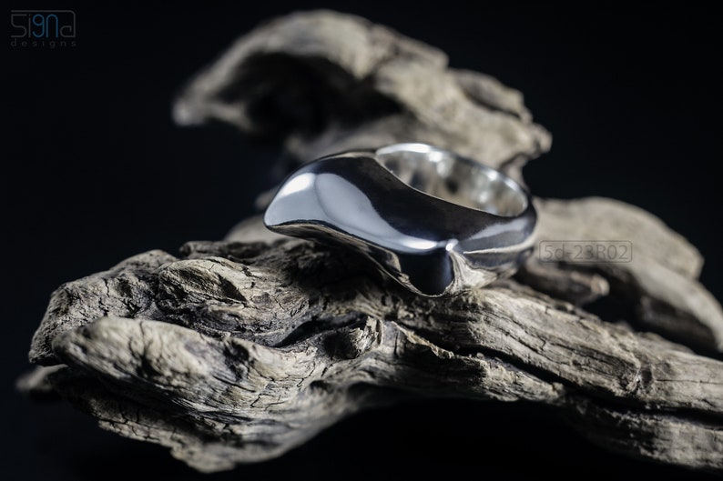 Contemporary Massive Modern Ring in Sterling Silver with Curves and High Shine, Cushion Like Shape. On Dry Cactus Wood.