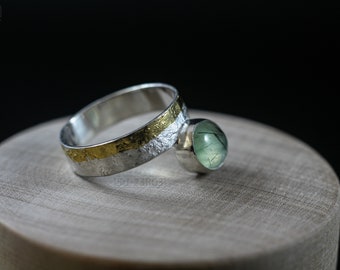 Reticulated Silver Ring: 24k Gold Foil, Prehnite & Tourmaline Cabochon, Size 8