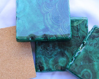 Faux Malachite Coasters Set of 4, Drink Coasters, Crystal Coasters, Housewarming Gift, Anniversary Gift for Couple, Gift for Rock Collector
