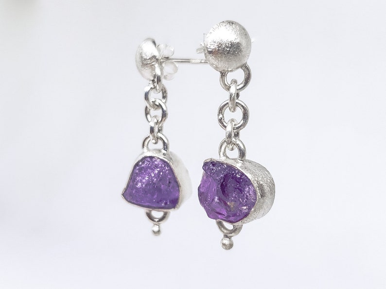 butterfly back earrings. Brushed silver earrings handcrafted with raw Amethyst gemstone