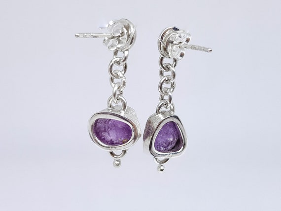 butterfly back earrings. Brushed silver earrings handcrafted with raw Amethyst gemstone