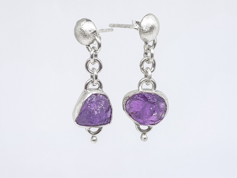 butterfly back earrings. Brushed silver earrings handcrafted with raw Amethyst gemstone