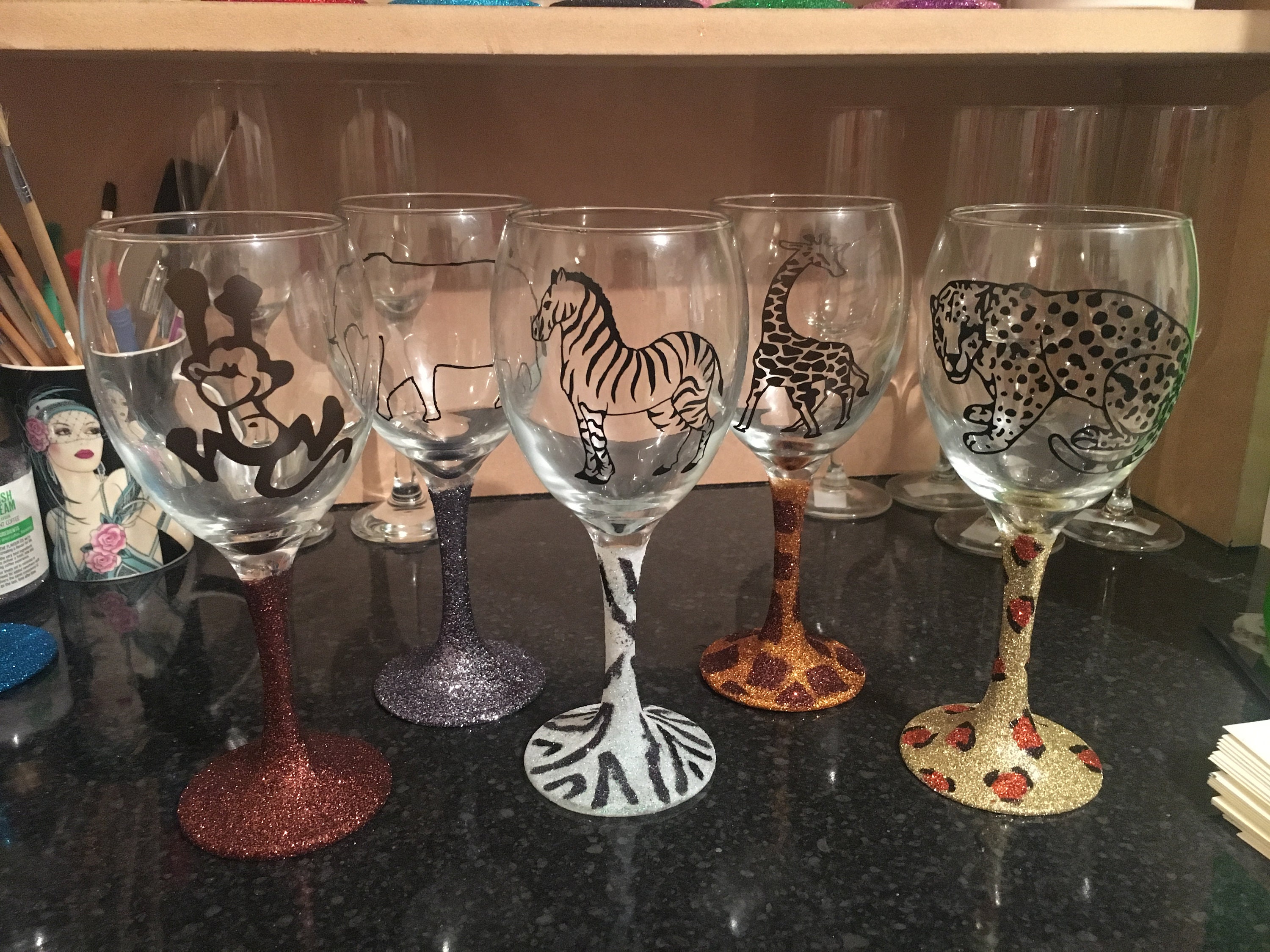 X5 Set African Animal Print Safari Glitter Wine Glass Glasses Etsy