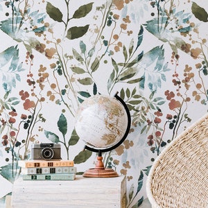 Papier peint aquarelle Herb Leaves | Papier peint amovible floral | Décoration murale en tissu