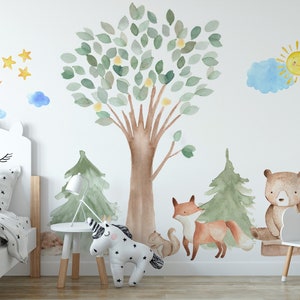 Woodland Watercolor Wall Decal Oak Pine Tree Animal Creatures - Bear, Fox, Raccoon, Rabbit, Squirrel, Porcupine Fabric Nursery Decals