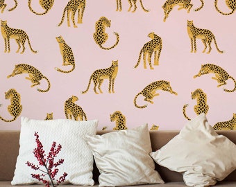 Leopards on Pink Background Removable Wallpaper | Self-Adhesive Fabric | Peel & Stick | Tropical Animal Wall Covering
