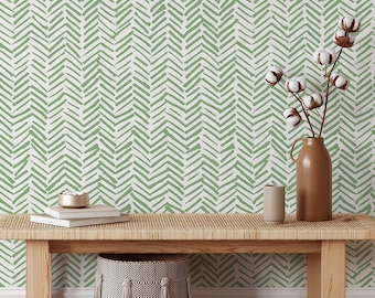 Green Herringbone Wallpaper: Boho Tribal Peel and Stick Decor
