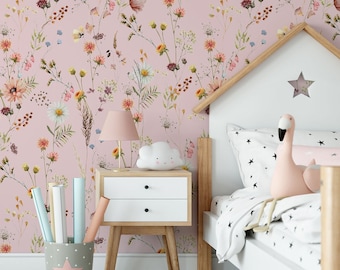 Wildflower Wallpaper | Floral Wallpaper | Nursery Kids Flower Wallpaper | Watercolor Wallpaper | Baby Girl Wall Peel and Stick Mural