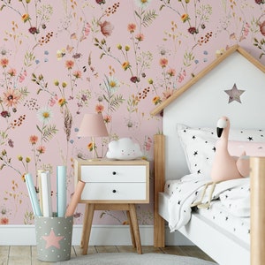 Wildflower Wallpaper | Floral Wallpaper | Nursery Kids Flower Wallpaper | Watercolor Wallpaper | Baby Girl Wall Peel and Stick Mural