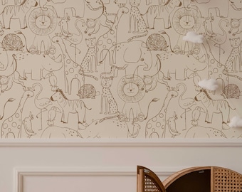 Cute Hand Drawing Safari Animals Wallpaper, Monochrome Animals Kids Wall Mural, Nursery Cartoon Animals Wallpaper, Peel and Stick, Removable
