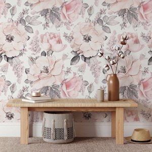 Soft Pink Abstract Roses Wallpaper | Floral Wallpaper Peel and Stick | Removable Wallpaper | Watercolor Wallpaper | Flower Wallpaper Mural