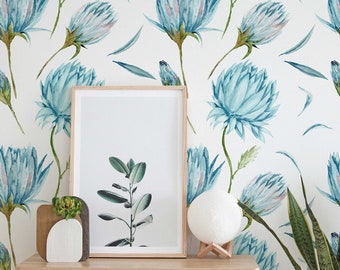 Blue Flowers Wallpaper | Green Leaves Nature Wall Art | Removable Wallpaper | Peel and Stick Wallpaper | Light Wallpaper | Home Decor