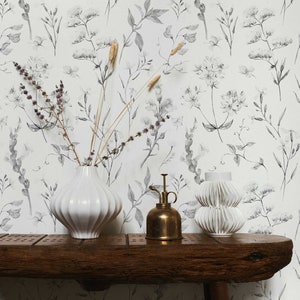 Delicate Wildflowers Wallpaper | Soft Shades of Grey Floral Pattern Peel and Stick Removable Wallpaper All Rooms | Self Adhesive Mural