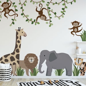 Large Safari Animals and Monkey Wall Decals, Jungle Animal Wall Stickers, Nursery Wall Decals, Repositionable Jungle Wall Decals zdjęcie 1