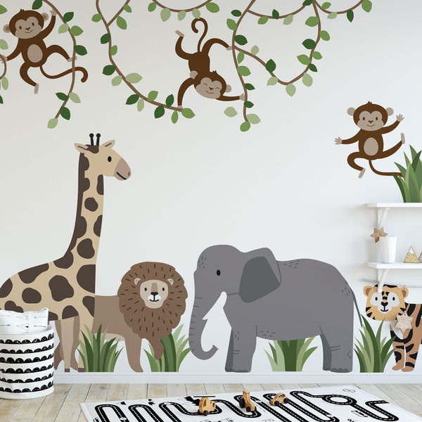 Large Safari Animals and Monkey Wall Decals, Jungle Animal Wall Stickers, Nursery Wall Decals, Repositionable Jungle Wall Decals
