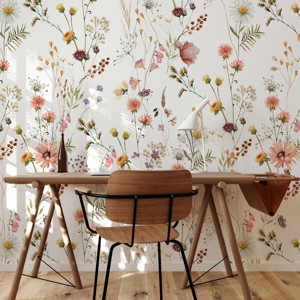 Watercolor Wild Flower Wallpaper | Soft Botanical Field Floral Wall Mural | Peel and Stick Little Florals with Grass Wallpaper