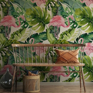 Wallpaper Vintage Flamingo Pink | Retro Bird Mural Luxury Tropical Wall Decor Removable | Peel and Stick or Permanent Traditional Wallpaper