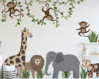 Large Safari Animals and Monkey Wall Decals, Jungle Animal Wall Stickers, Nursery Wall Decals, Repositionable Jungle Wall Decals