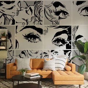 Black & White Pop Art Faces | Peel and Stick | Retro Pop Art | Art Deco Wallpaper | Comics Wall Mural | Pop Art Wallpaper