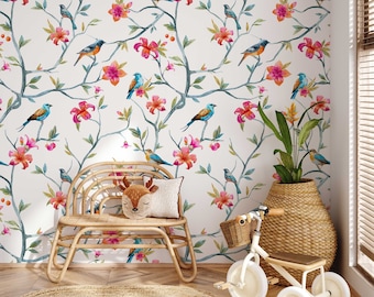Floral Hummingbird Peel and Stick Wallpaper: Vintage Home Decor