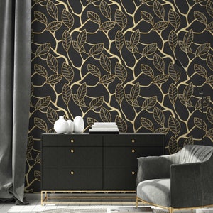 Carta da parati rimovibile in foglia d'oro 3D / murale Art Déco / decorazione da parete Art Déco scura