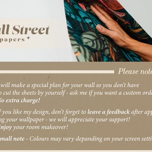 May include: A brown background with white text that reads "Wall Street wallpapers". Below the text are three bullet points with information about custom orders, feedback, and color variations. The text reads: "I will make a special plan for your wall so you don't have to cut the sheets by yourself - ask me if you want a custom order! No extra charge!"  "If you like my design, don't forget to leave a feedback after applying your wallpaper - we will appreciate your support! Enjoy your room makeover!"  "Small note - Colours may vary depending on your screen settings."