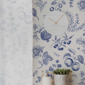 May include: A white shelf with a blue and white floral wallpaper featuring a clock, a watering can, and a potted succulent plant. The wallpaper has a vintage botanical illustration style.