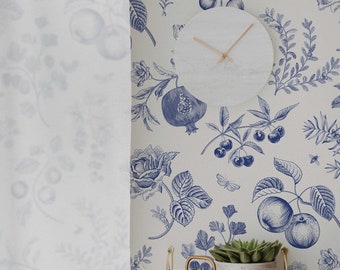Blue Peach Botanical Wallpaper: Removable Peel and Stick, Country Decor