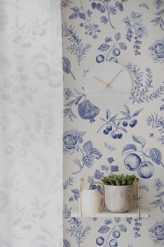 Blue Peach Botanical Wallpaper: Removable Peel and Stick, Country Decor