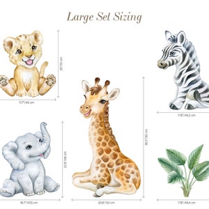 May include: A set of five watercolour animal illustrations for a nursery or children's room. The set includes a lion, zebra, giraffe, elephant, and a tropical plant. The illustrations are in a cartoon style and are perfect for adding a touch of whimsy to any space. The illustrations are approximately 46 cm tall.