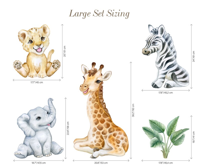 May include: A set of five watercolour animal illustrations for a nursery or children's room. The set includes a lion, zebra, giraffe, elephant, and a tropical plant. The illustrations are in a cartoon style and are perfect for adding a touch of whimsy to any space. The illustrations are approximately 46 cm tall.