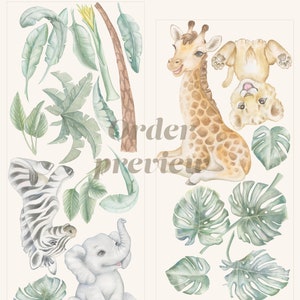 May include: A set of watercolour illustrations featuring a giraffe, zebra, elephant, lion, and tropical leaves. The illustrations are perfect for creating a jungle-themed nursery or children's room.